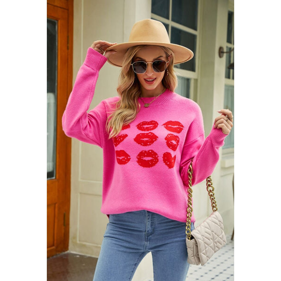 Contrast Lip Pattern Round Neck Slit Sweater Clothing