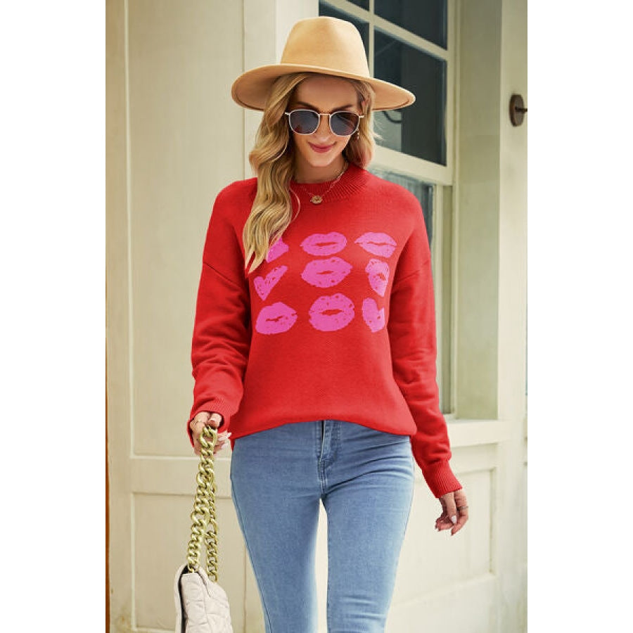 Contrast Lip Pattern Round Neck Slit Sweater Clothing