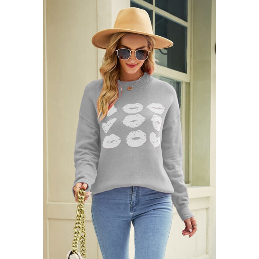 Contrast Lip Pattern Round Neck Slit Sweater Cloudy Blue / S Clothing