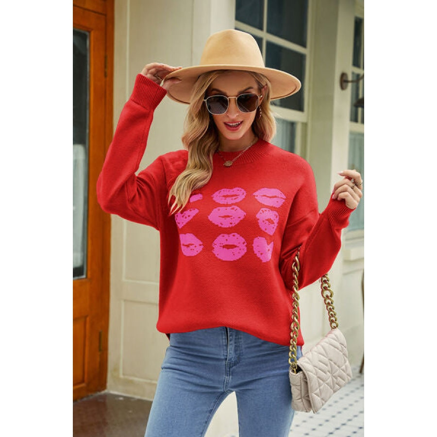 Contrast Lip Pattern Round Neck Slit Sweater Deep Red / S Clothing