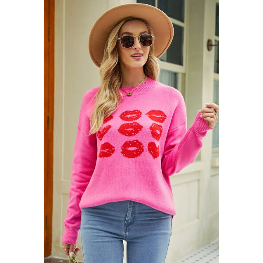 Contrast Lip Pattern Round Neck Slit Sweater Hot Pink / S Clothing