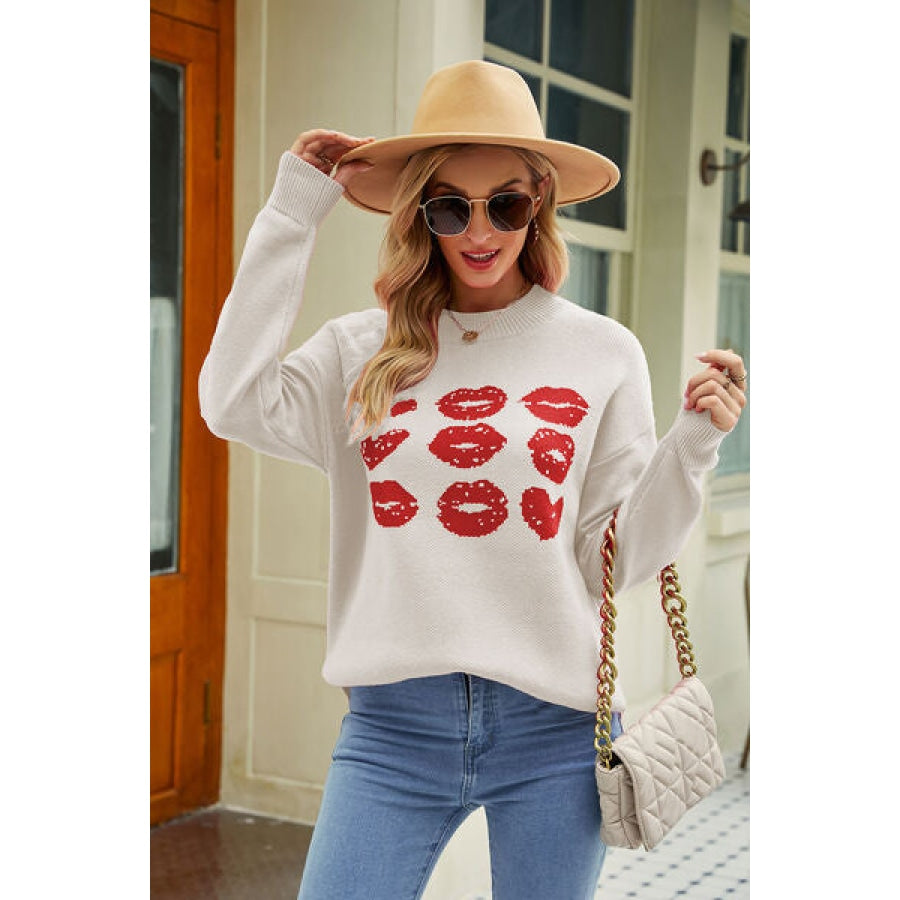 Contrast Lip Pattern Round Neck Slit Sweater White / S Clothing