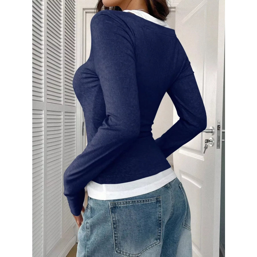 Contrast Long Sleeve Fake Two-Piece T-Shirt Apparel and Accessories