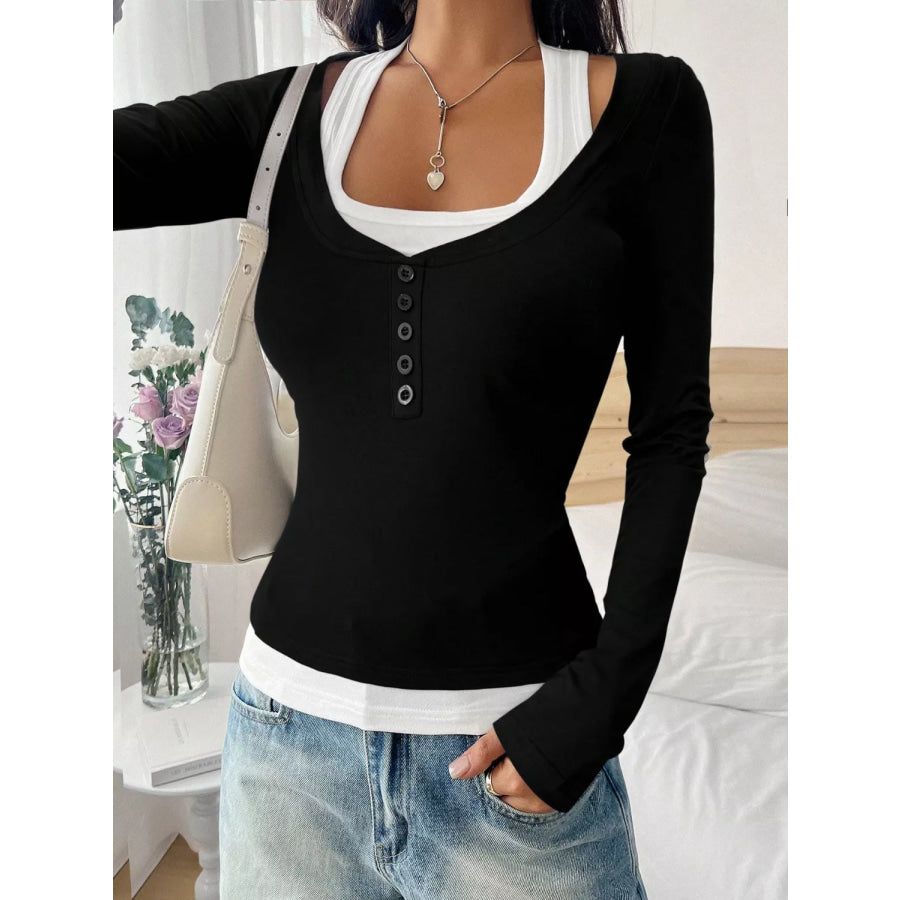 Contrast Long Sleeve Fake Two-Piece T-Shirt Apparel and Accessories