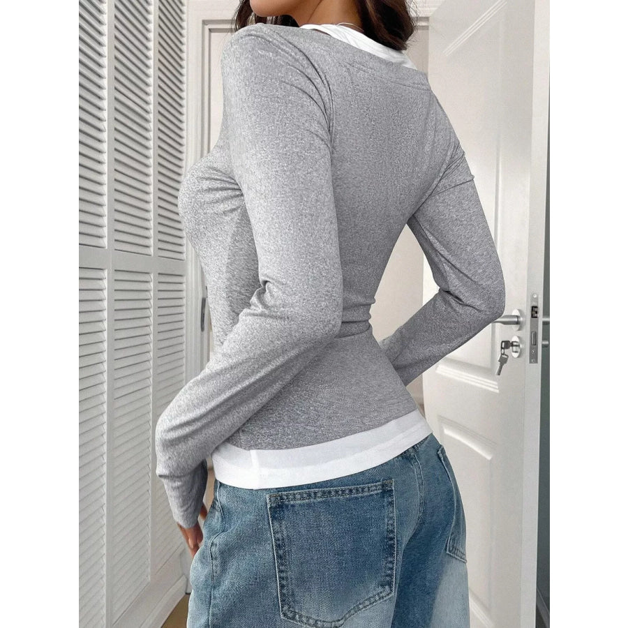 Contrast Long Sleeve Fake Two-Piece T-Shirt Apparel and Accessories