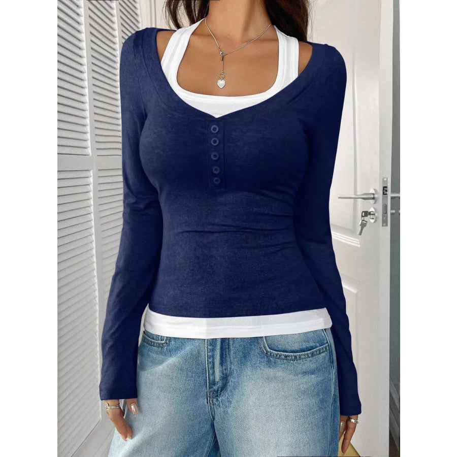 Contrast Long Sleeve Fake Two-Piece T-Shirt Apparel and Accessories