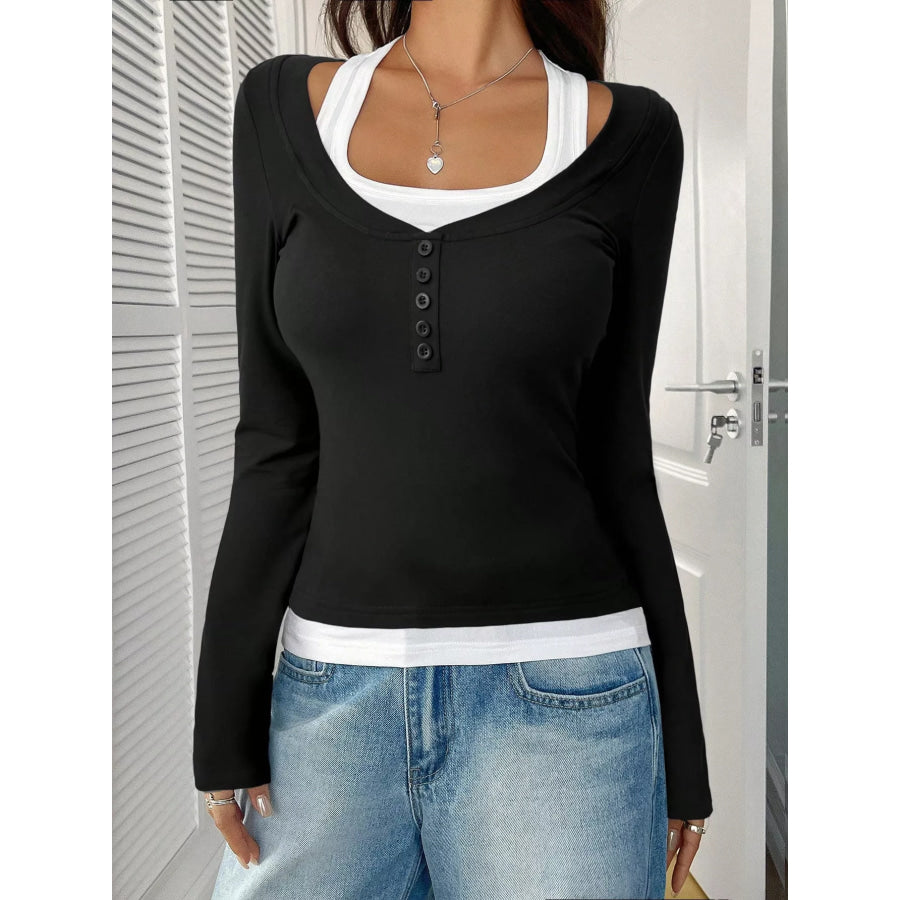 Contrast Long Sleeve Fake Two-Piece T-Shirt Apparel and Accessories