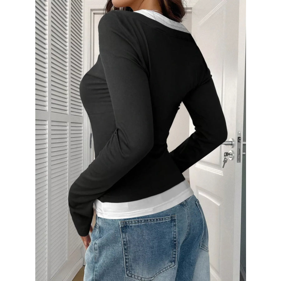 Contrast Long Sleeve Fake Two-Piece T-Shirt Apparel and Accessories