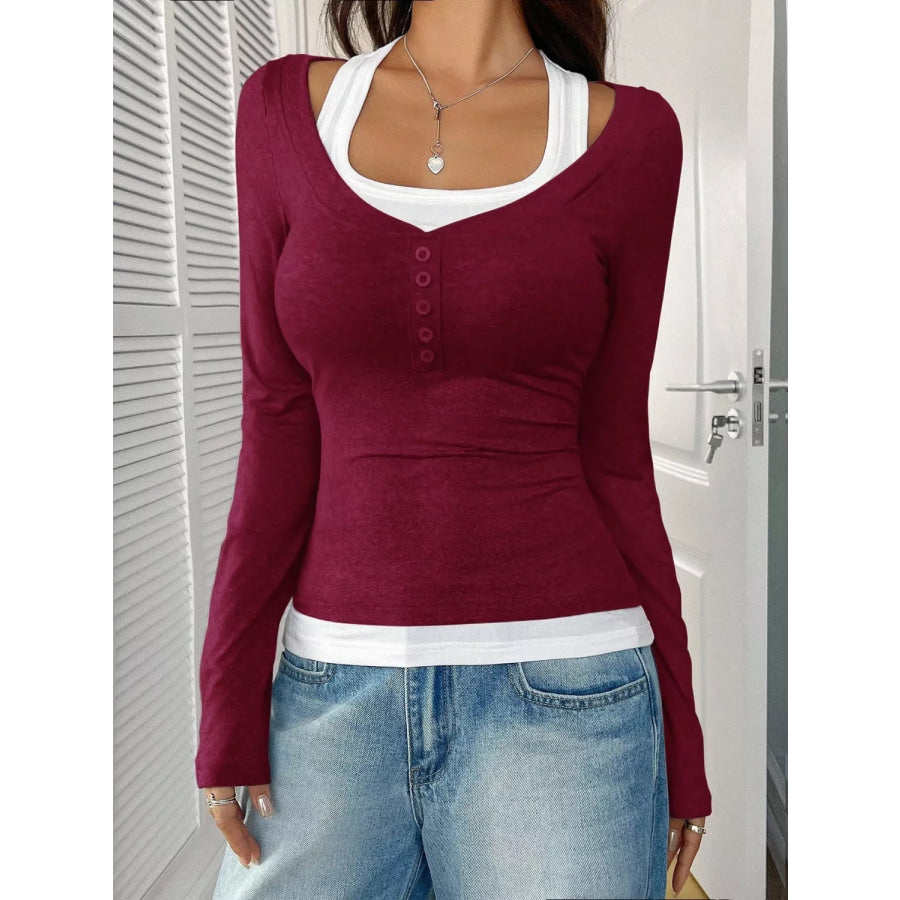 Contrast Long Sleeve Fake Two-Piece T-Shirt Apparel and Accessories