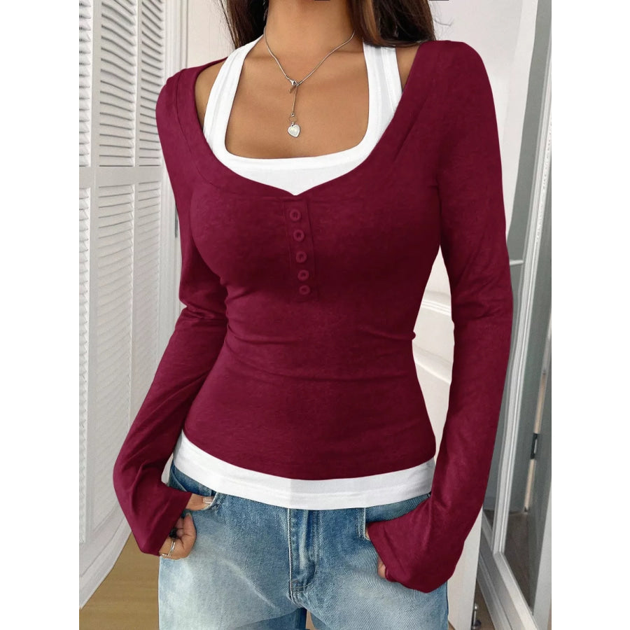 Contrast Long Sleeve Fake Two-Piece T-Shirt Apparel and Accessories
