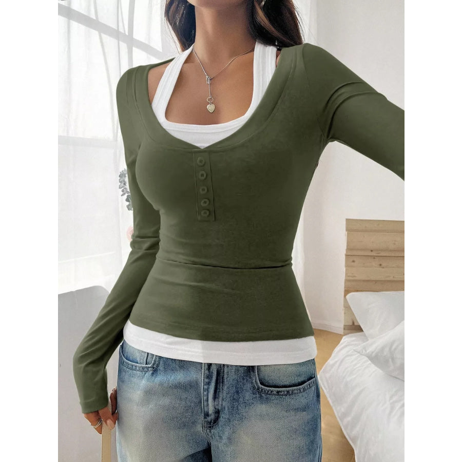 Contrast Long Sleeve Fake Two-Piece T-Shirt Apparel and Accessories
