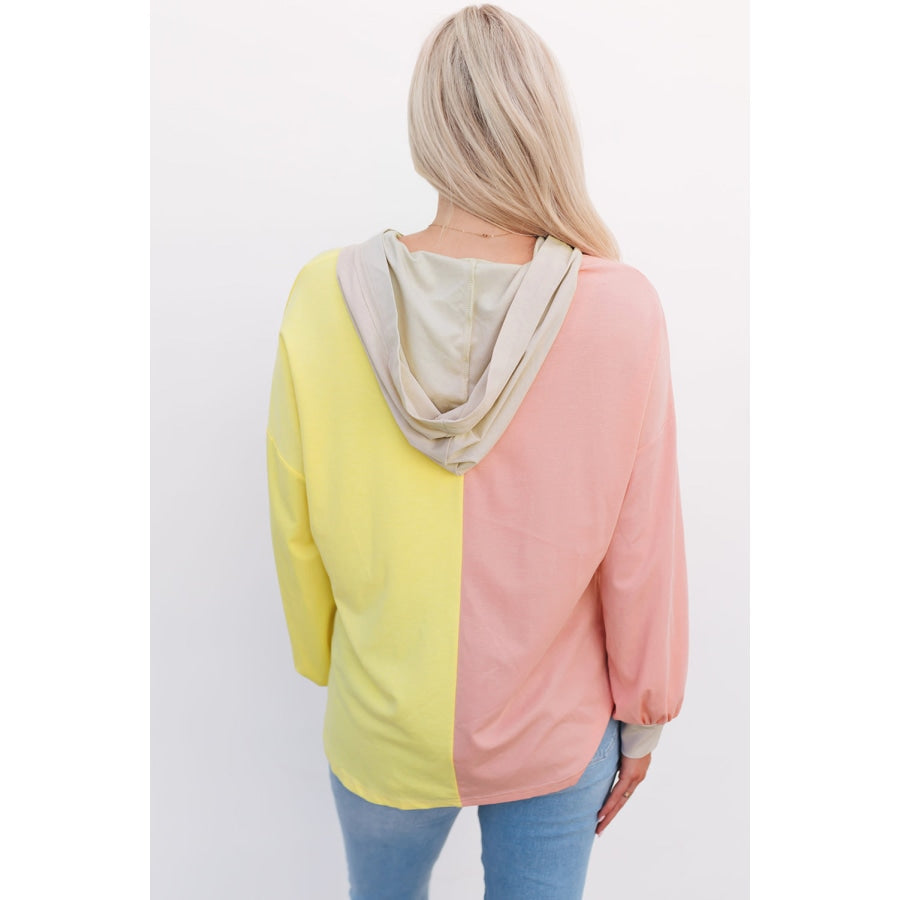 Contrast Long Sleeve Hooded Shirt Peach / S