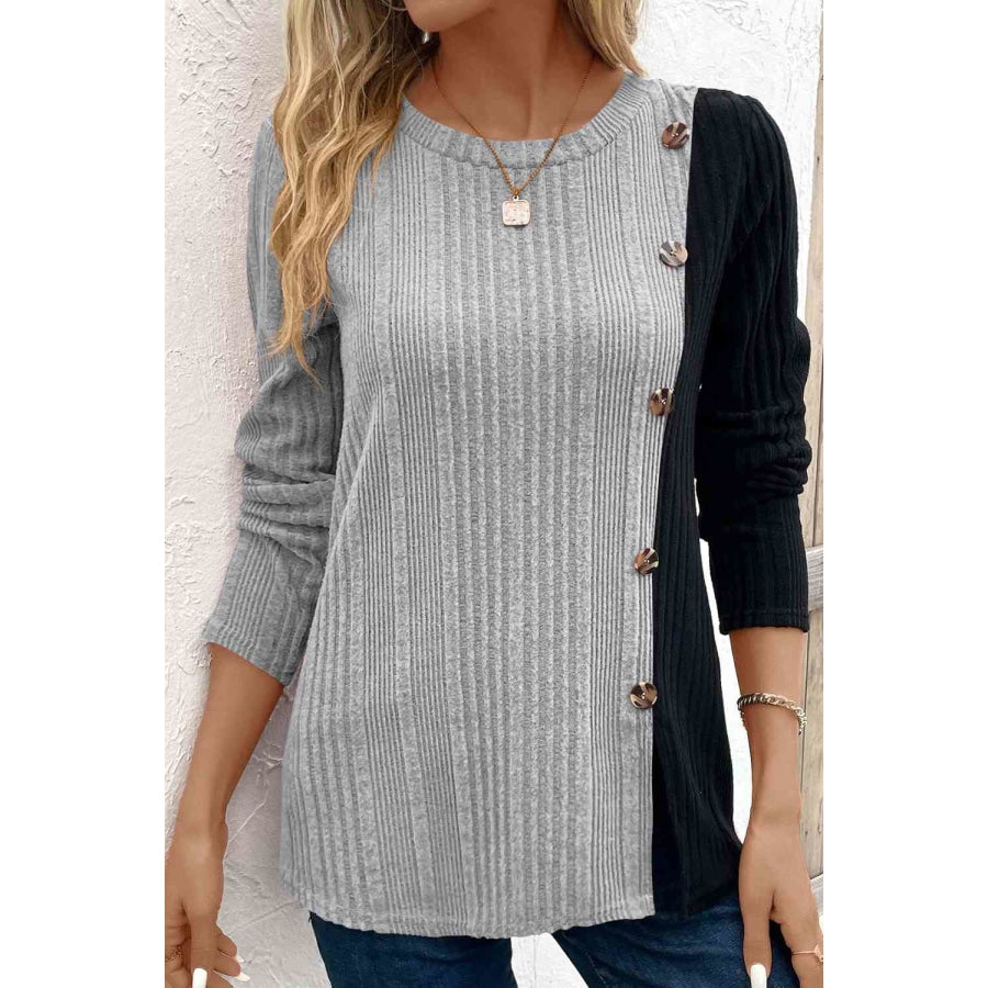 Contrast Long Sleeve Knit Top Charcoal / S