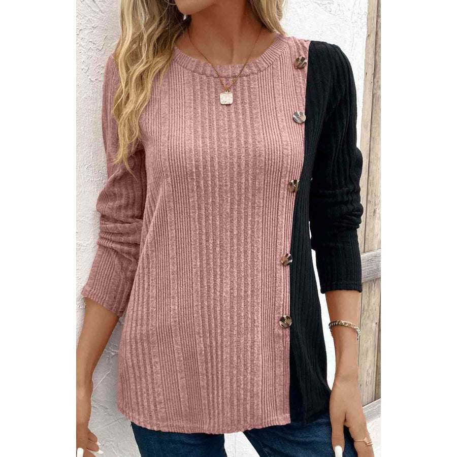 Contrast Long Sleeve Knit Top Dusty Pink / S