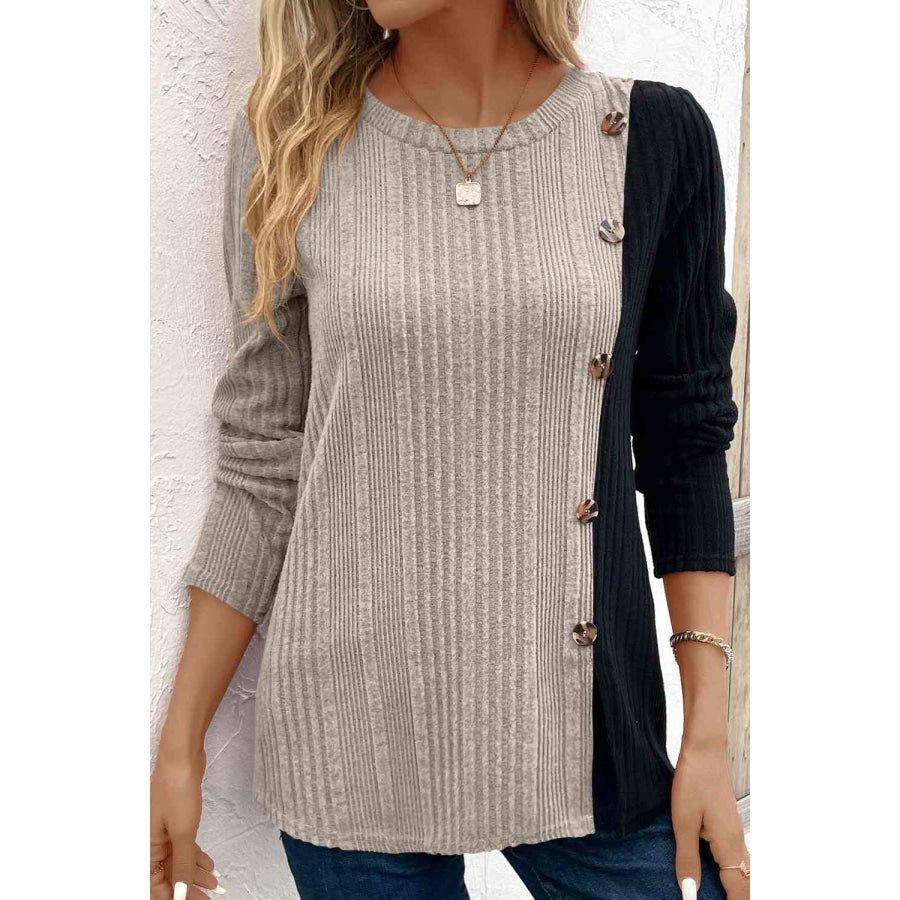 Contrast Long Sleeve Knit Top Khaki / S