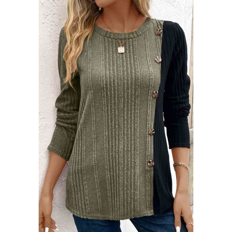 Contrast Long Sleeve Knit Top Sage / S