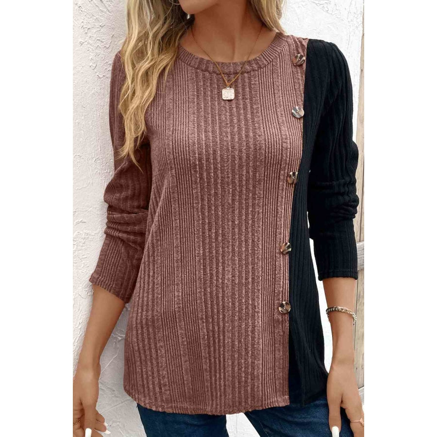 Contrast Long Sleeve Knit Top Taupe / S