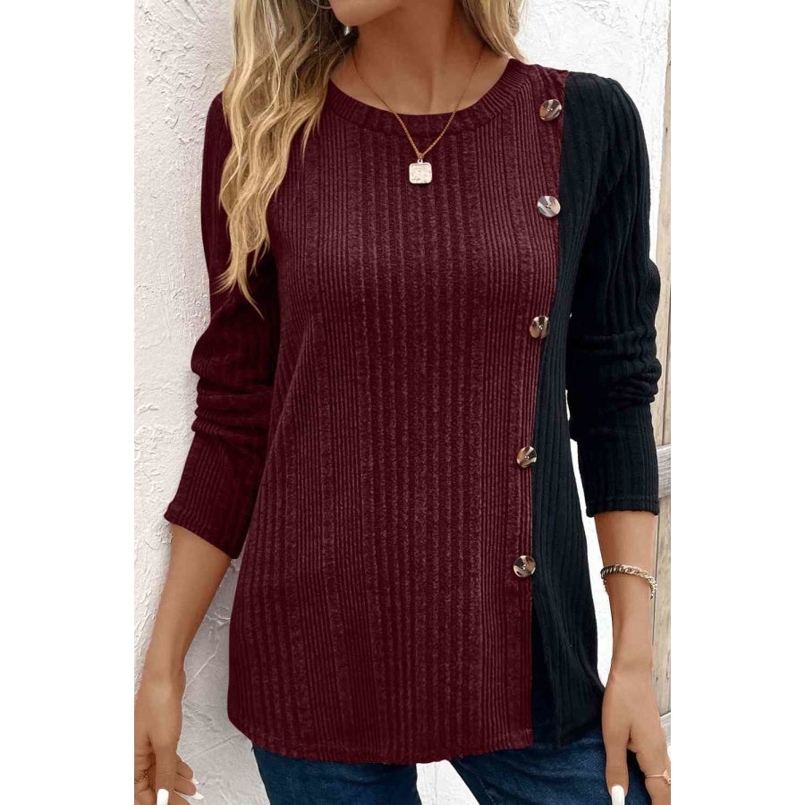 Contrast Long Sleeve Knit Top Wine / S