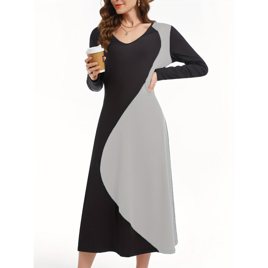 Contrast Long Sleeve Midi Dress Apparel and Accessories