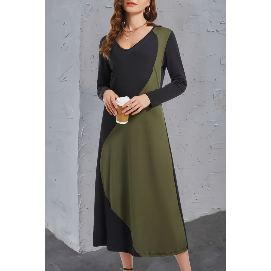 Contrast Long Sleeve Midi Dress Apparel and Accessories