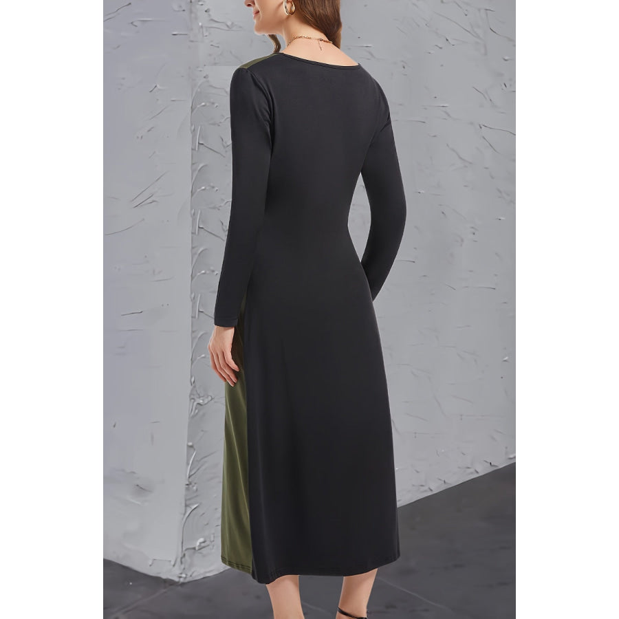 Contrast Long Sleeve Midi Dress Apparel and Accessories