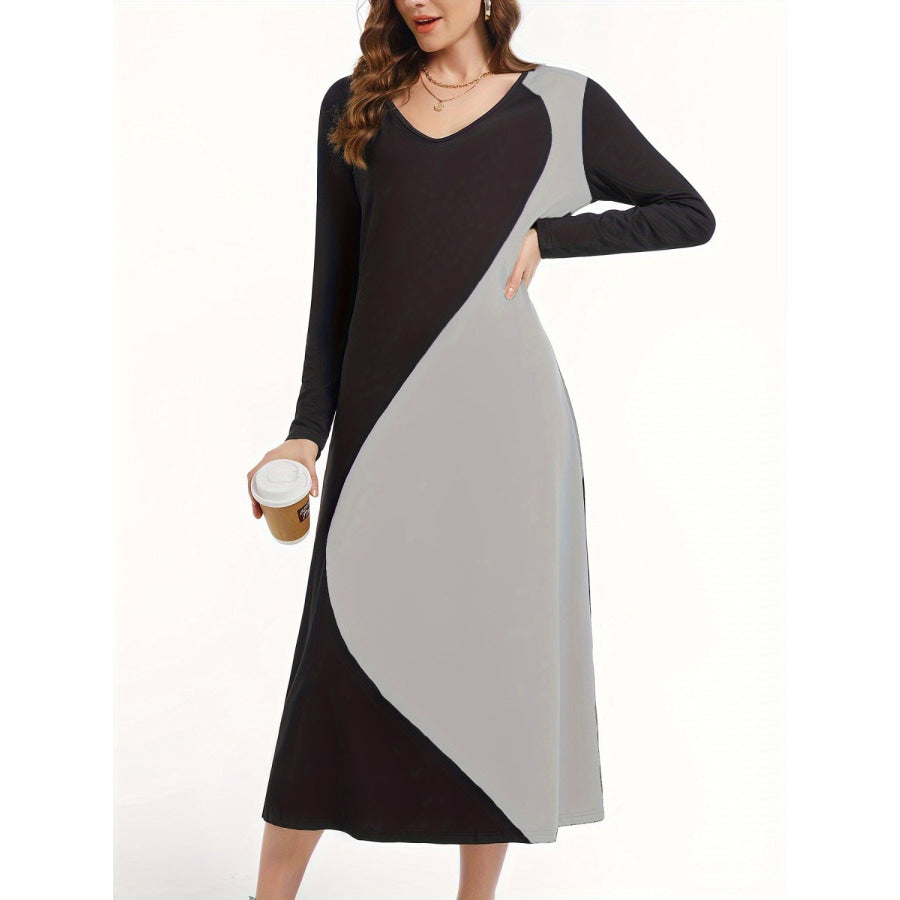 Contrast Long Sleeve Midi Dress Apparel and Accessories