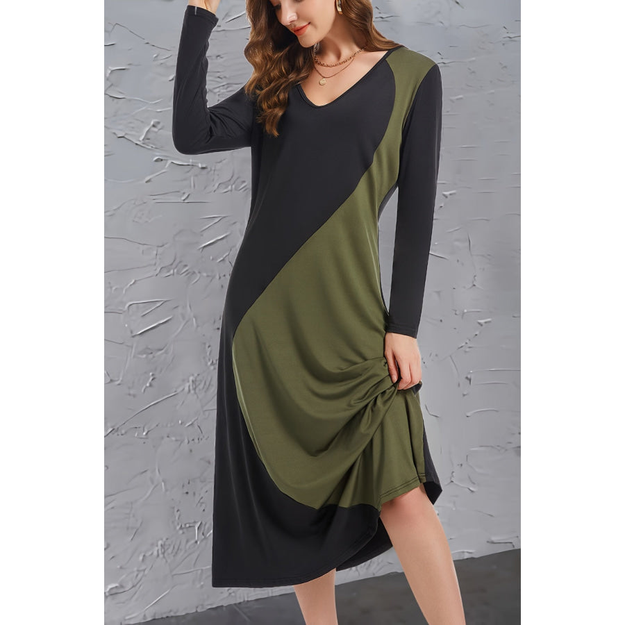 Contrast Long Sleeve Midi Dress Apparel and Accessories