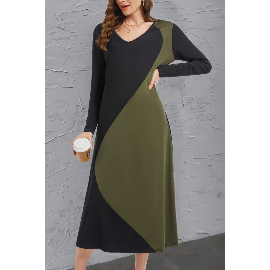 Contrast Long Sleeve Midi Dress Apparel and Accessories