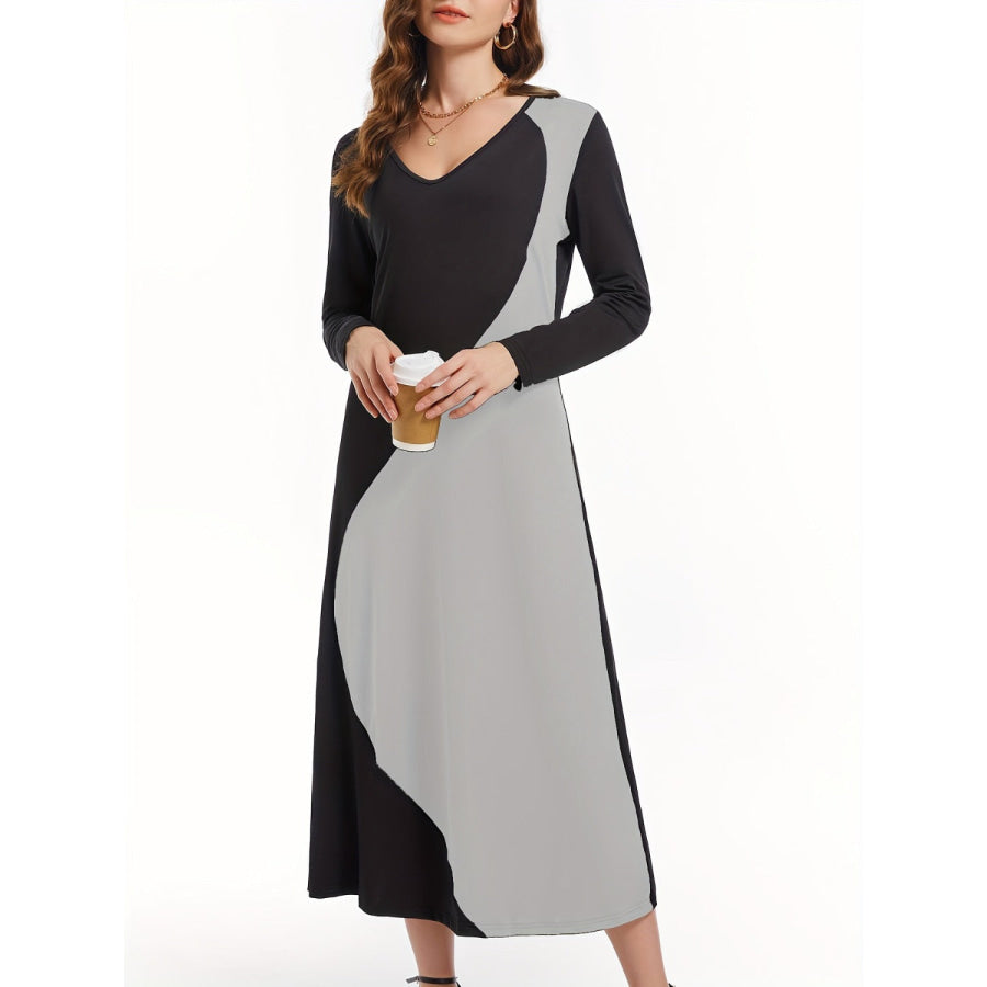 Contrast Long Sleeve Midi Dress Apparel and Accessories