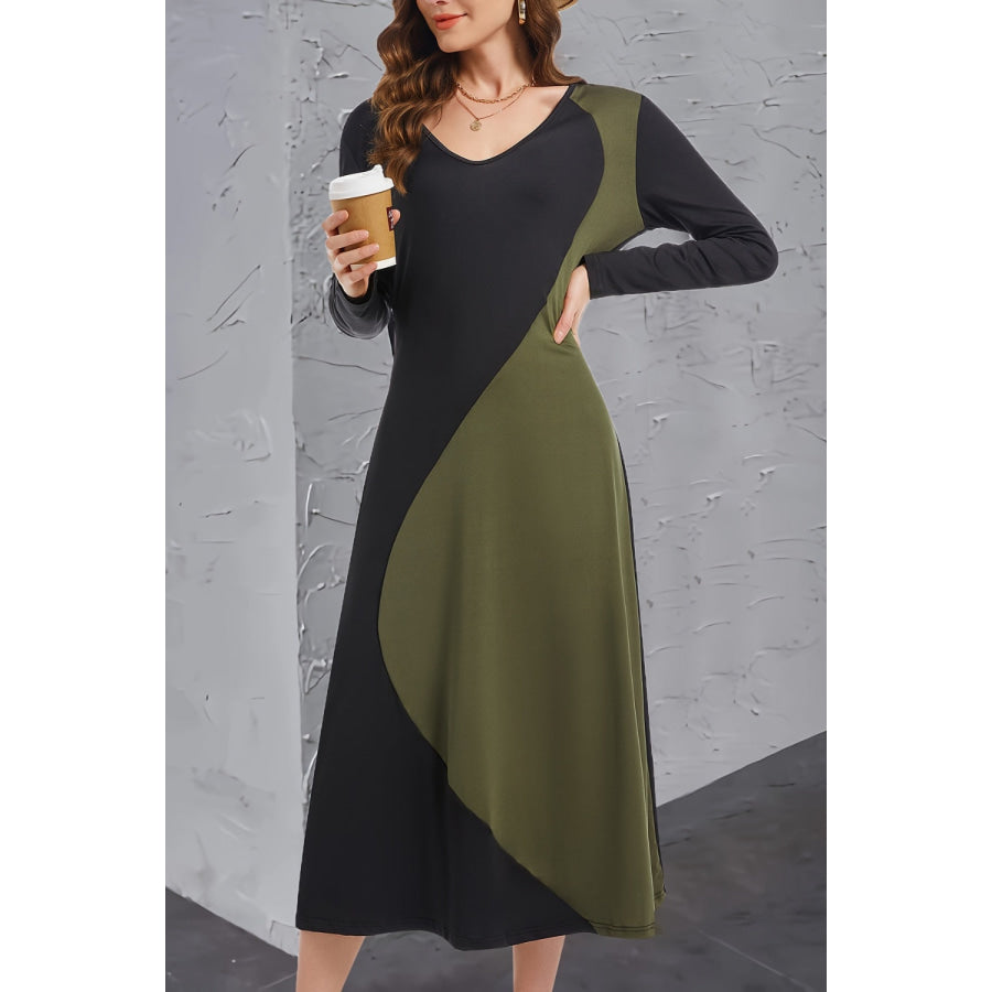 Contrast Long Sleeve Midi Dress Army Green / S Apparel and Accessories