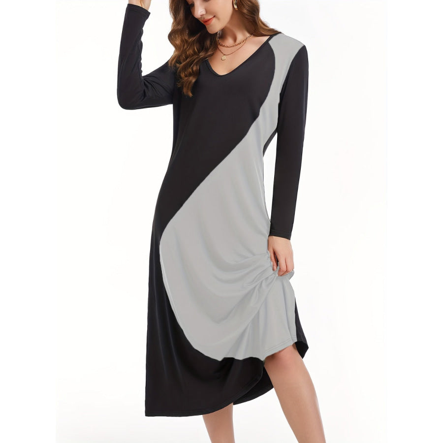 Contrast Long Sleeve Midi Dress Gray / S Apparel and Accessories