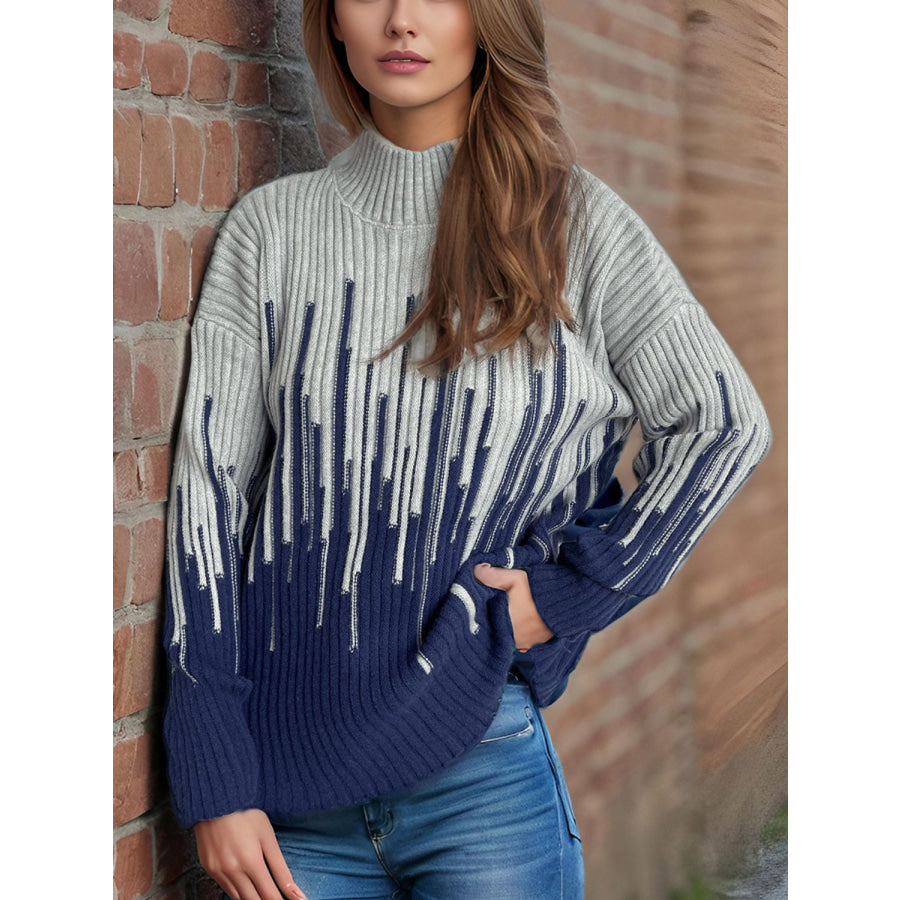 Contrast Mock Neck Long Sleeve Sweater Apparel and Accessories