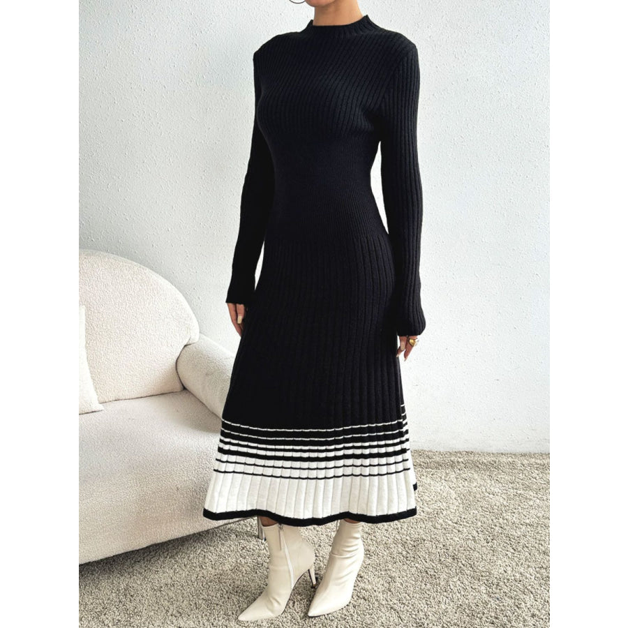 Contrast Mock Neck Long Sleeve Sweater Dress Apparel and Accessories