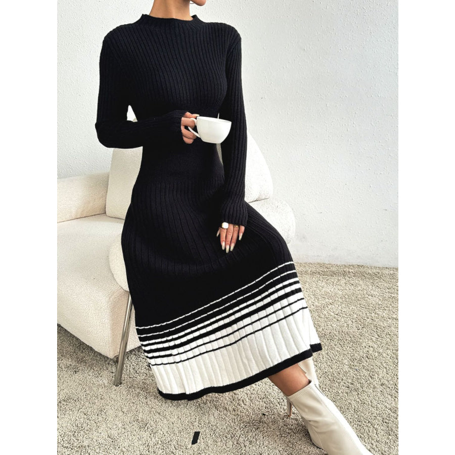 Contrast Mock Neck Long Sleeve Sweater Dress Apparel and Accessories