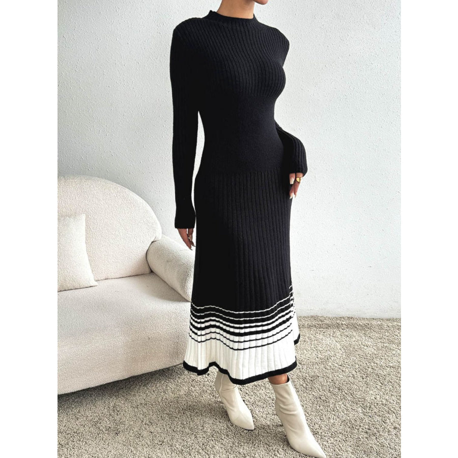 Contrast Mock Neck Long Sleeve Sweater Dress Apparel and Accessories