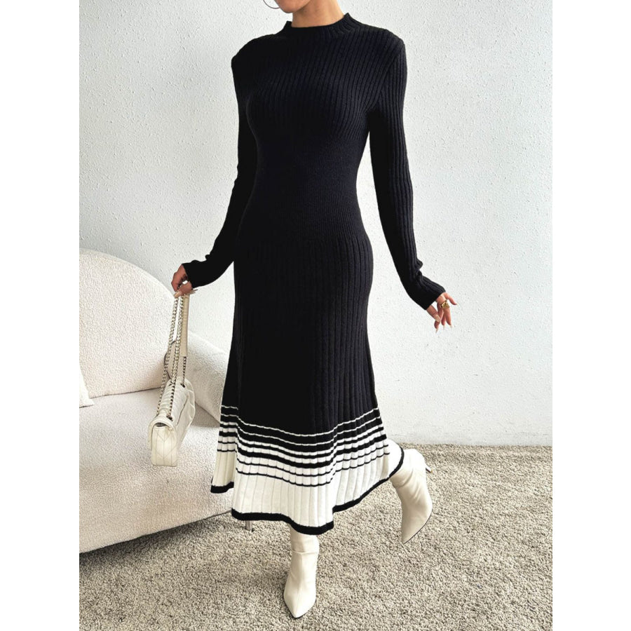 Contrast Mock Neck Long Sleeve Sweater Dress Apparel and Accessories