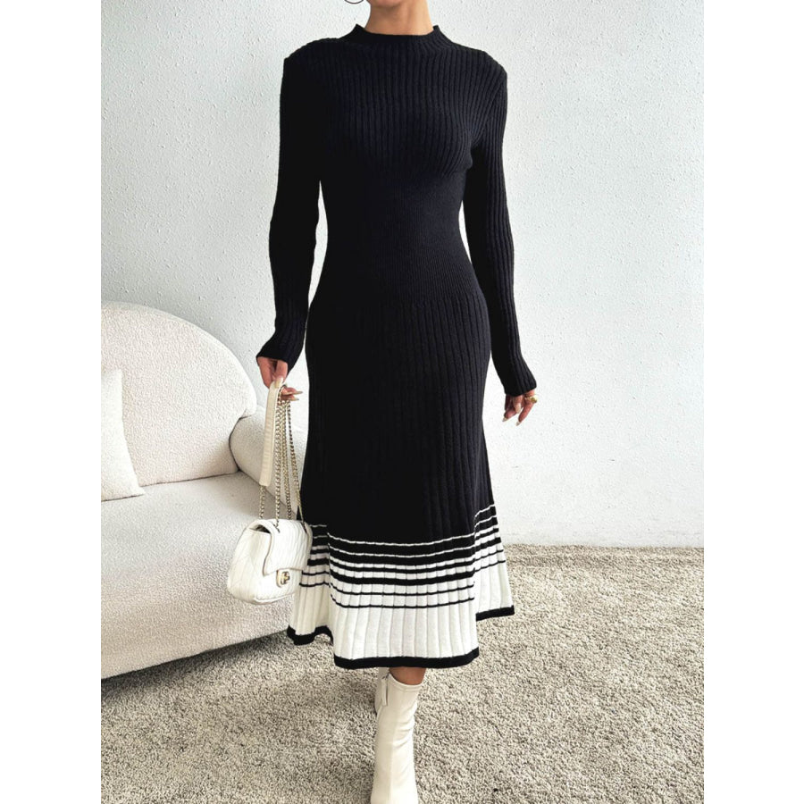 Contrast Mock Neck Long Sleeve Sweater Dress Black / S Apparel and Accessories