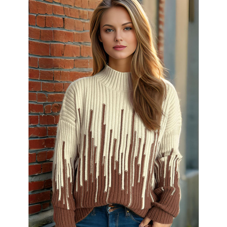 Contrast Mock Neck Long Sleeve Sweater Tan / One Size Apparel and Accessories