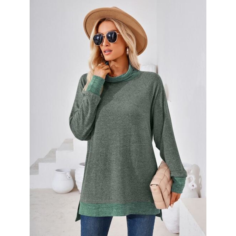 Contrast Mock Neck Long Sleeve T-Shirt Army Green / S