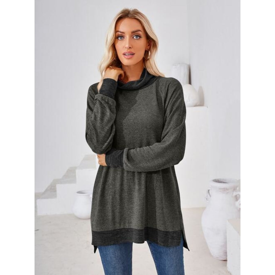 Contrast Mock Neck Long Sleeve T-Shirt Charcoal / S