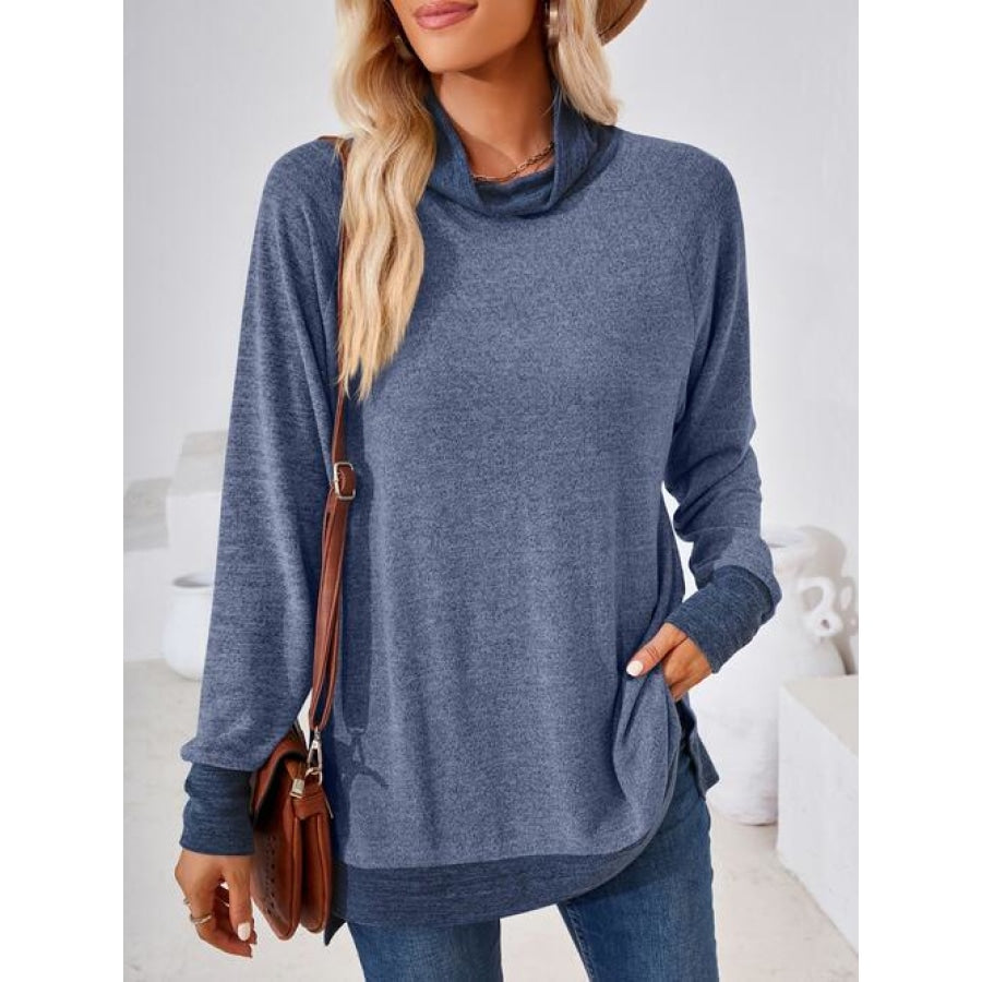 Contrast Mock Neck Long Sleeve T-Shirt Dusty Blue / S