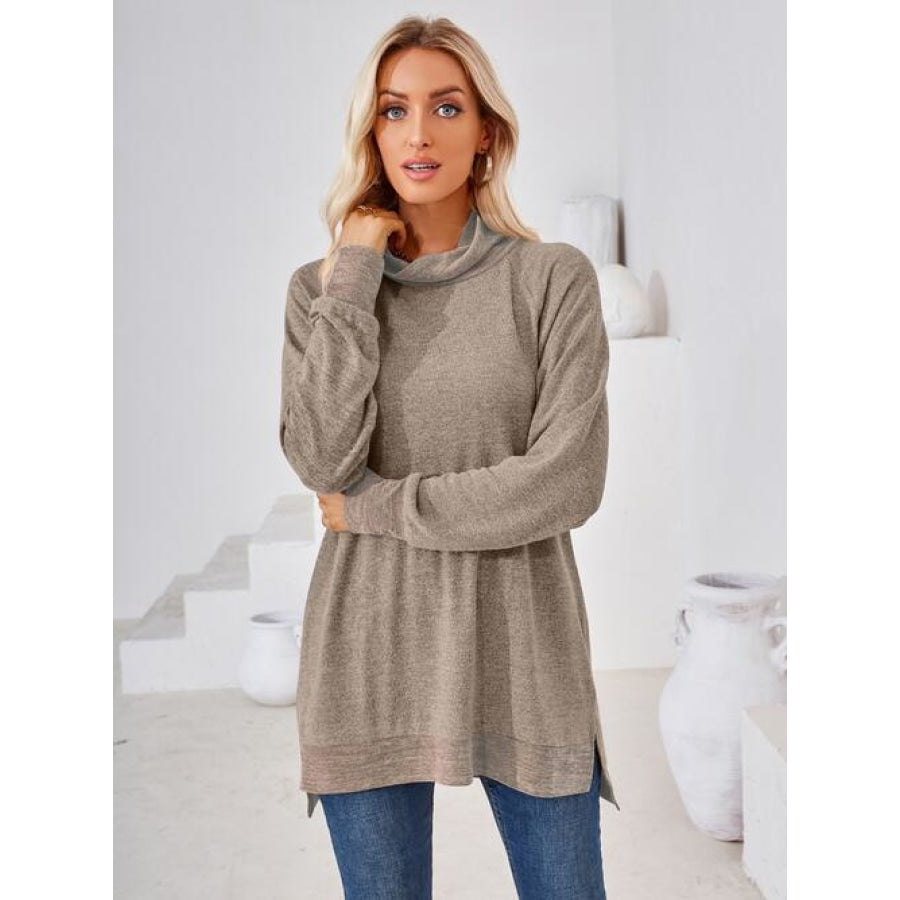 Contrast Mock Neck Long Sleeve T-Shirt Khaki / S