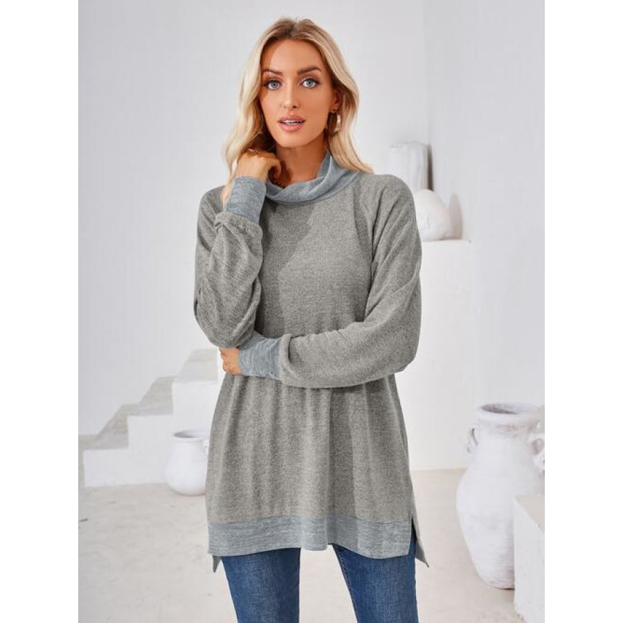 Contrast Mock Neck Long Sleeve T-Shirt Light Gray / S