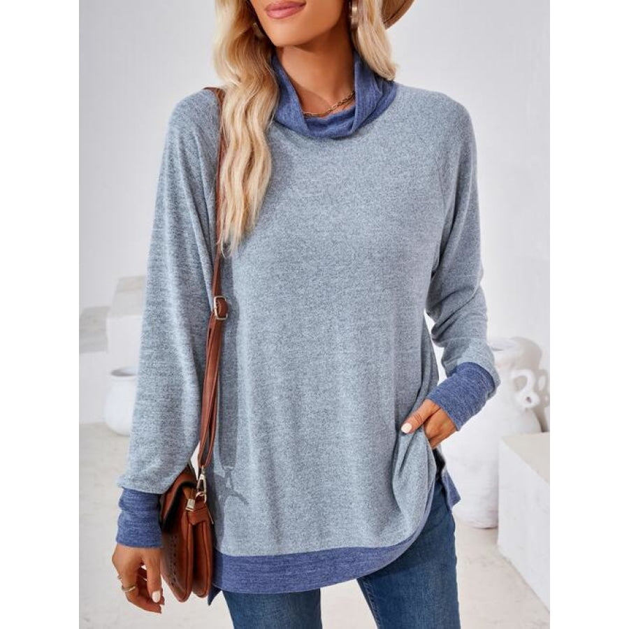 Contrast Mock Neck Long Sleeve T-Shirt Misty Blue / S