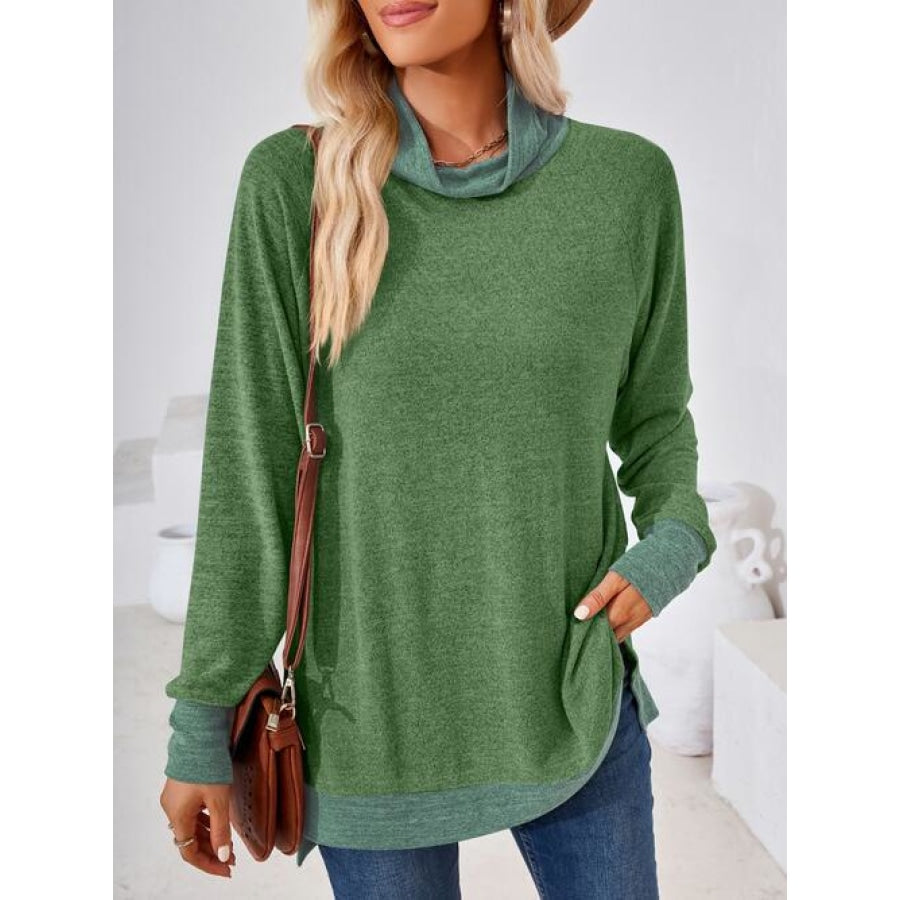 Contrast Mock Neck Long Sleeve T-Shirt Moss / S