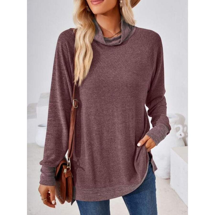 Contrast Mock Neck Long Sleeve T-Shirt Plum / S