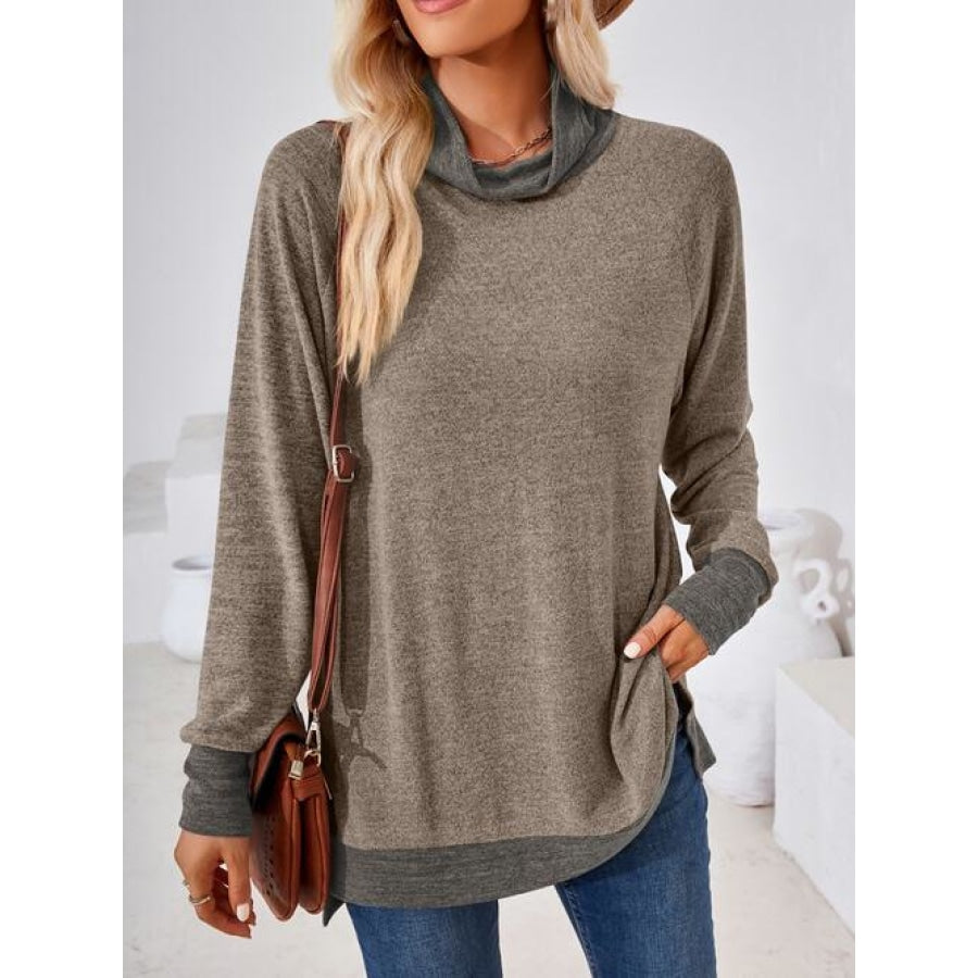 Contrast Mock Neck Long Sleeve T-Shirt Taupe / S