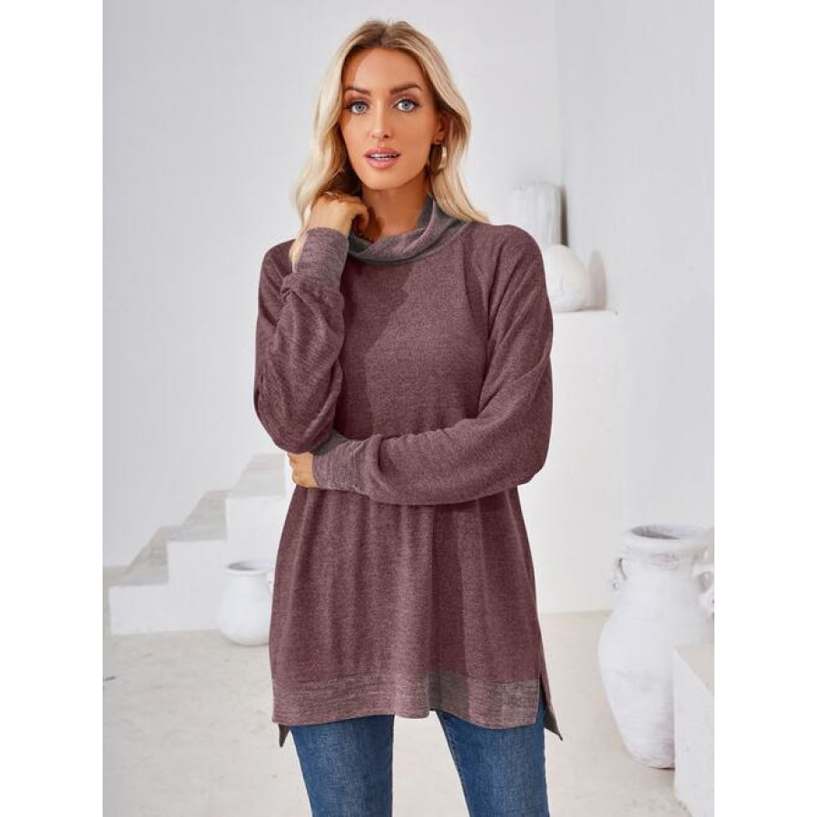 Contrast Mock Neck Long Sleeve T-Shirt