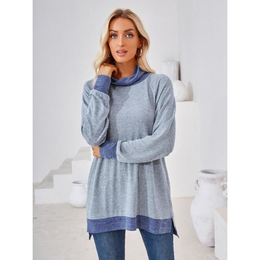 Contrast Mock Neck Long Sleeve T-Shirt