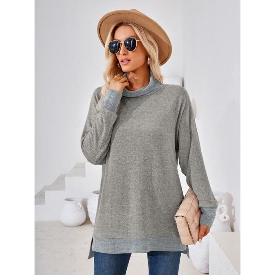 Contrast Mock Neck Long Sleeve T-Shirt